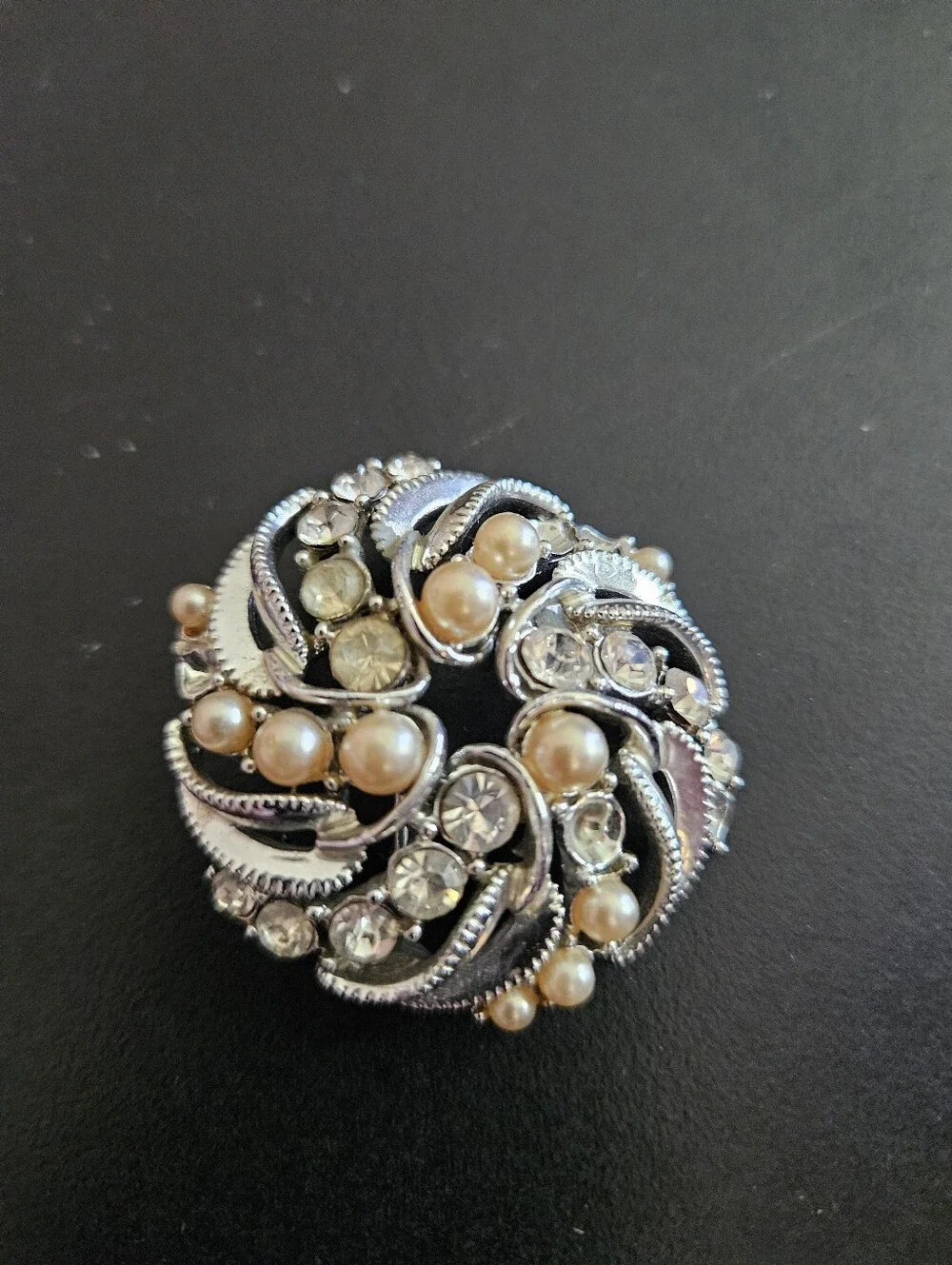 Silver-Tone Pearl & Crystal Swirl Brooch